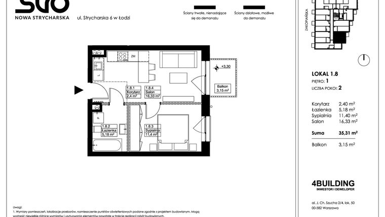 Rzut - Mieszkanie na sprzedaż 2 pokoje o powierzchni 35,31 m² - numer 1.8 w Nowa Strycharska | STR 6