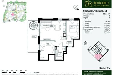 Rzut - Mieszkanie na sprzedaż 3 pokoje o powierzchni 55,61 m² - numer D2.M11 w Apartamenty przy Parku Szczytnickim