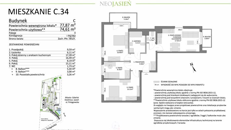 Rzut - Mieszkanie na sprzedaż 4 pokoje o powierzchni 74,61 m² - numer C34 w Neo Jasień etap II