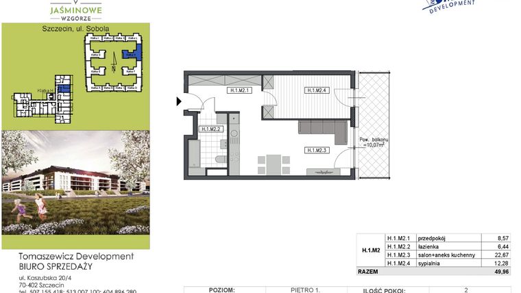 Rzut - Mieszkanie na sprzedaż 2 pokoje o powierzchni 49,96 m² - numer H1M2 w Jaśminowe Wzgórze - etap II