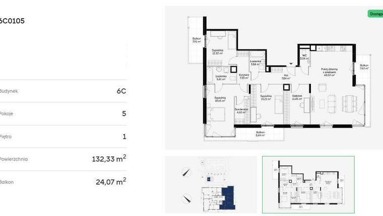 Rzut - Mieszkanie na sprzedaż 5 pokoi o powierzchni 132,33 m² - numer 6C0105 w Jaśminowy Mokotów etap VI