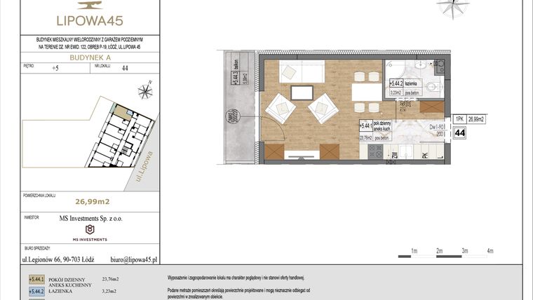 Rzut - Mieszkanie na sprzedaż 1 pokój o powierzchni 26,99 m² - numer A44 w Lipowa 45