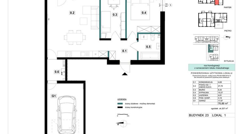 Rzut - Mieszkanie na sprzedaż 3 pokoje o powierzchni 76,86 m² - numer 23-1 w Błonie Bosco