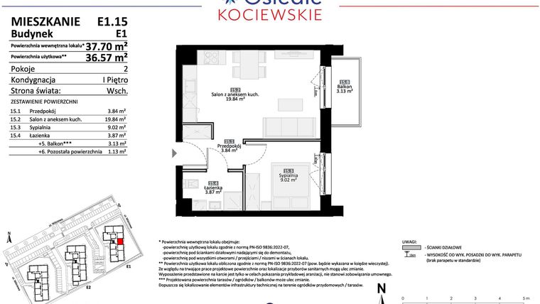 Rzut - Mieszkanie na sprzedaż 2 pokoje o powierzchni 36,57 m² - numer E1.15 w Osiedle Kociewskie bud. E