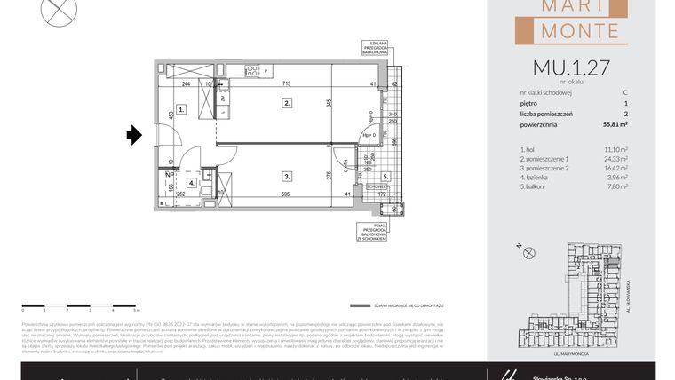 Rzut - Mieszkanie na sprzedaż 2 pokoje o powierzchni 55,81 m² - numer MU.1.27 w Marimonte - apartamenty inwestycyjne