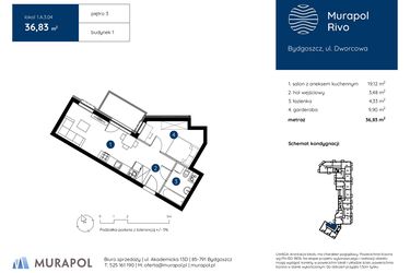 Rzut - Mieszkanie na sprzedaż 1 pokój o powierzchni 36,83 m² - numer 1.A.3.04 w Murapol Rivo