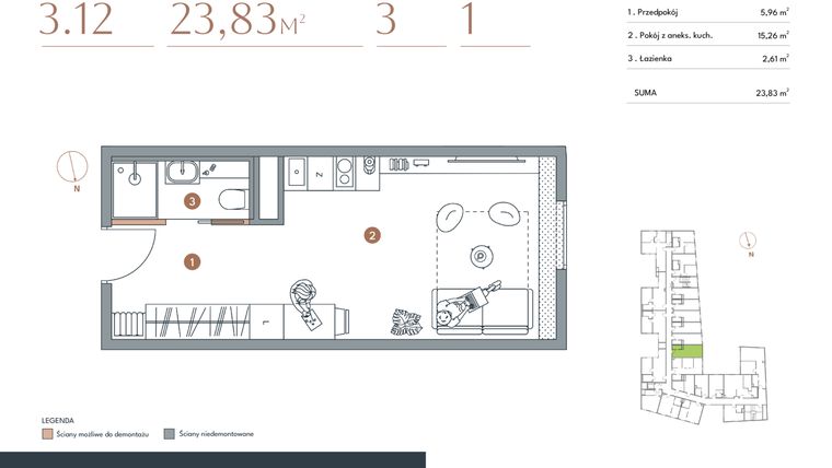 Rzut - Mieszkanie na sprzedaż 1 pokój o powierzchni 23,83 m² - numer 3.12 w Starowiejska 3
