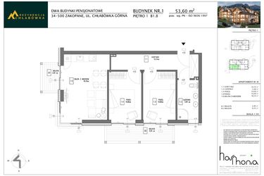Rzut - Mieszkanie na sprzedaż 3 pokoje o powierzchni 53,6 m² - numer B1.8 w Rezydencja Chłabówka