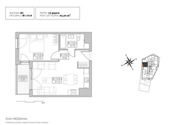 Rzut - Mieszkanie na sprzedaż 2 pokoje o powierzchni 43,54 m² - numer B1.13.6 w Alvarium 2.0