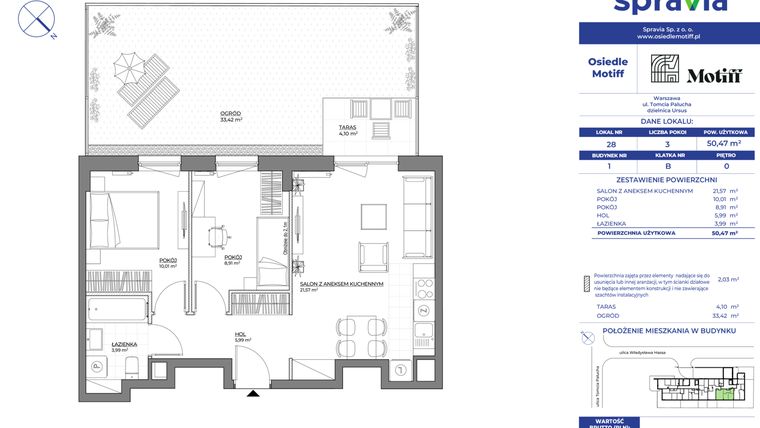 Rzut - Mieszkanie na sprzedaż 3 pokoje o powierzchni 50,47 m² - numer 1/28 w Osiedle Motiff