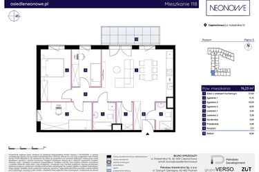 Rzut - Mieszkanie na sprzedaż 4 pokoje o powierzchni 76,23 m² - numer 15/118 w Osiedle Neonowe