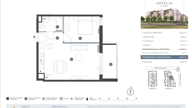Rzut - Mieszkanie na sprzedaż 2 pokoje o powierzchni 44,61 m² - numer 1A.1A.28 w Astelia Park etap 1A i 3