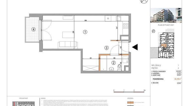 Rzut - Mieszkanie na sprzedaż 1 pokój o powierzchni 36,99 m² - numer A4/1 w 5th Avenue Apartments