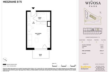 Rzut - Mieszkanie na sprzedaż 1 pokój o powierzchni 29,61 m² - numer B75 w Witosa Park