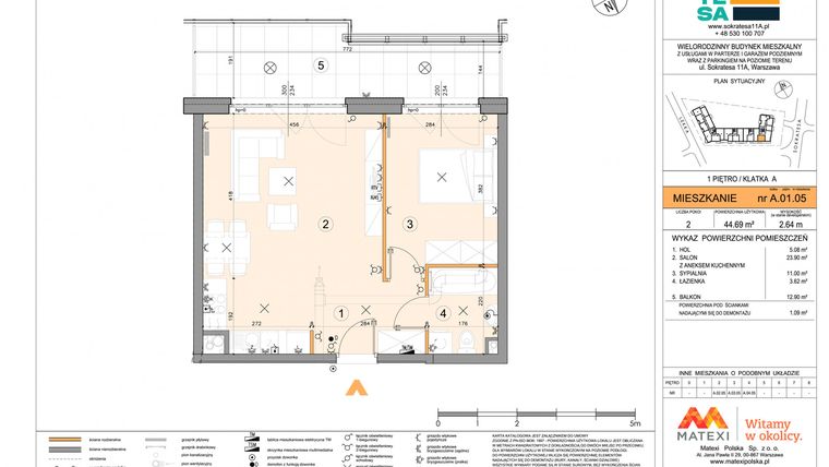 Rzut - Mieszkanie na sprzedaż 2 pokoje o powierzchni 44,69 m² - numer A.01.05 w Sokratesa 11a