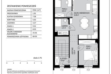 Rzut - Mieszkanie na sprzedaż 3 pokoje o powierzchni 60,03 m² - numer D12 w Kowalove etap 2