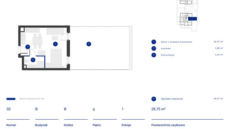 Rzut - Mieszkanie na sprzedaż 1 pokój o powierzchni 29,75 m² - numer B.02 w Osiedle Inverso