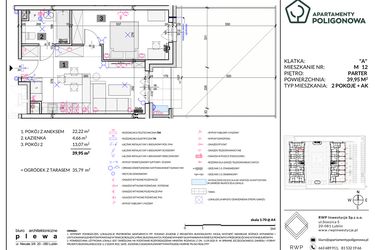 Rzut - Mieszkanie na sprzedaż 2 pokoje o powierzchni 39,95 m² - numer 12 w Apartamenty Poligonowa etap 5