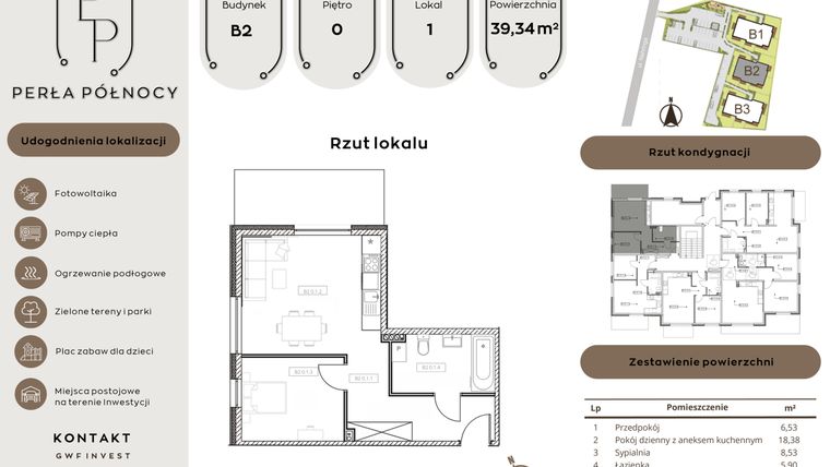 Rzut - Mieszkanie na sprzedaż 2 pokoje o powierzchni 39,34 m² - numer B2.0_1 w Perła Północy etap 2