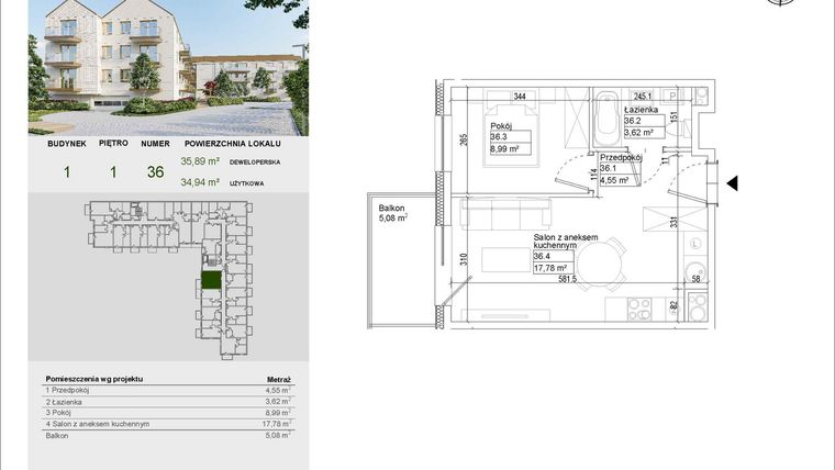 Rzut - Mieszkanie na sprzedaż 2 pokoje o powierzchni 34,94 m² - numer A36 w Aleja Mickiewicza