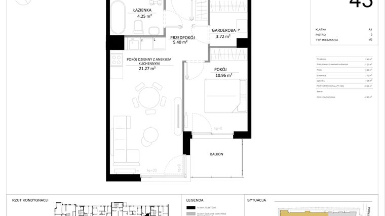 Rzut - Mieszkanie na sprzedaż 2 pokoje o powierzchni 45,6 m² - numer 43 w SILO