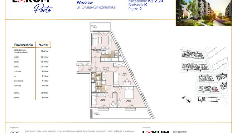 Rzut - Mieszkanie na sprzedaż 4 pokoje o powierzchni 75,86 m² - numer K1-2-20 w Lokum Porto etap II