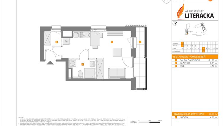 Rzut - Mieszkanie na sprzedaż 1 pokój o powierzchni 30 m² - numer F.44 w Apartamenty Literacka etap 2.3
