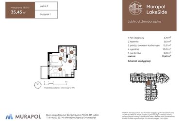 Rzut - Mieszkanie na sprzedaż 2 pokoje o powierzchni 35,45 m² - numer 1.B.1.10 w Murapol LakeSide