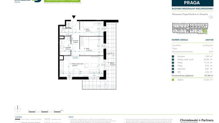 Rzut - Mieszkanie na sprzedaż 3 pokoje o powierzchni 57,38 m² - numer AA0108 w Neo Praga