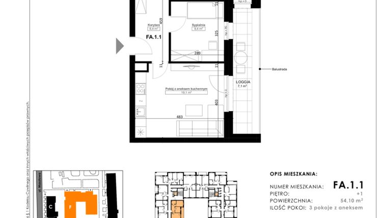 Rzut - Mieszkanie na sprzedaż 3 pokoje o powierzchni 54,1 m² - numer FA.1.1 w Nowy Folwark