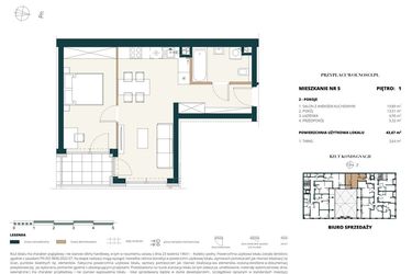 Rzut - Mieszkanie na sprzedaż 1 pokój o powierzchni 43,63 m² - numer 1. M5. w Przy Placu Wolności