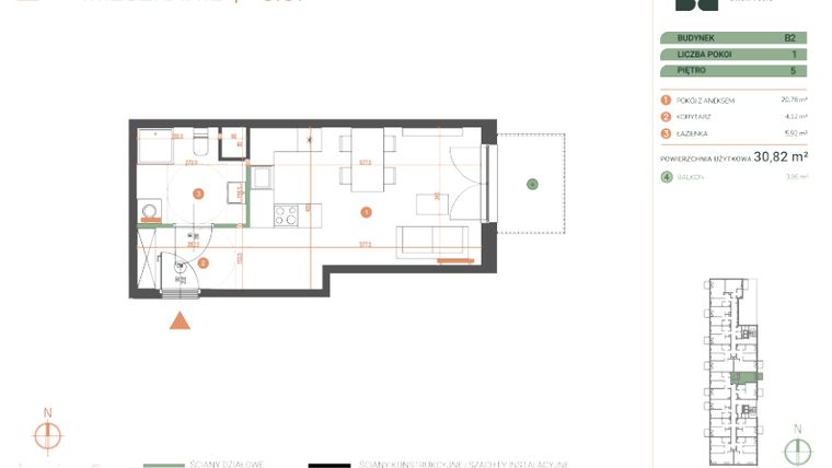 Rzut - Mieszkanie na sprzedaż 1 pokój o powierzchni 30,84 m² - numer M.05.07 w Casa Feliz Portowa
