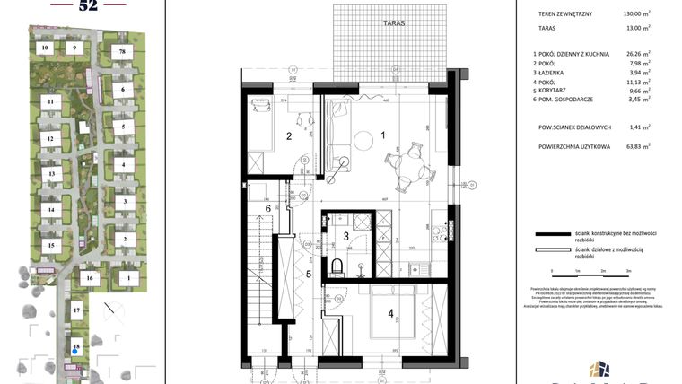 Rzut - Dom na sprzedaż 3 pokoje o powierzchni 63,83 m² - numer 18A w Rataja 52 - etap III