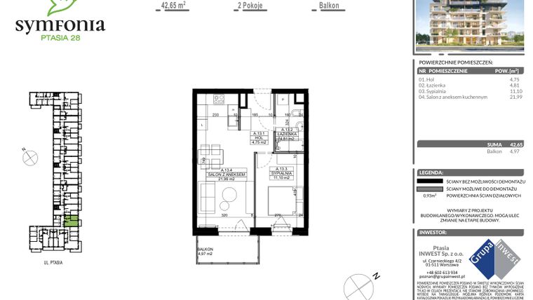 Rzut - Mieszkanie na sprzedaż 2 pokoje o powierzchni 42,65 m² - numer A.13 w Symfonia Ptasia 28