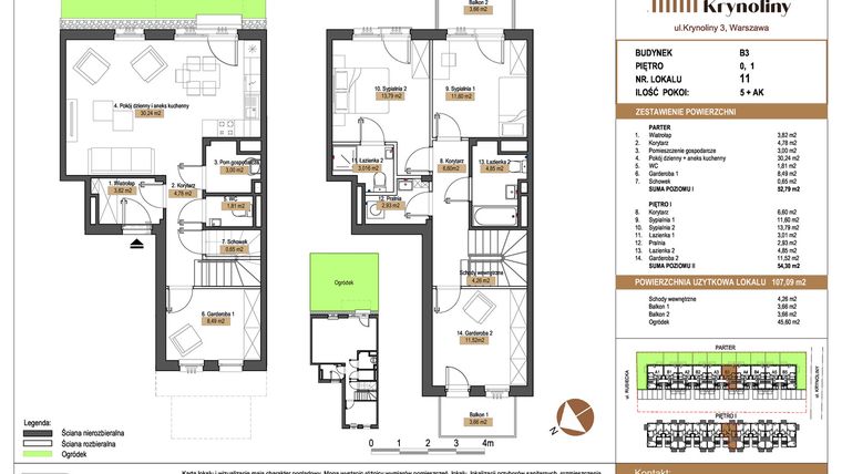 Rzut - Mieszkanie na sprzedaż 5 pokoi o powierzchni 107,09 m² - numer 11.B3 w Apartamenty Krynoliny