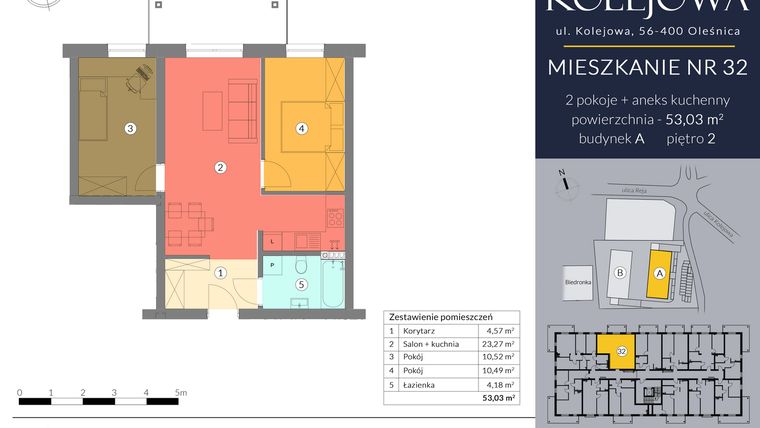 Rzut - Mieszkanie na sprzedaż 3 pokoje o powierzchni 53,03 m² - numer A.32 w Osiedle Kolejowa