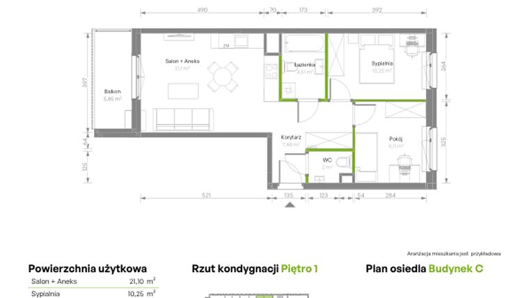Rzut - Mieszkanie na sprzedaż 3 pokoje o powierzchni 54,45 m² - numer C/004 w Bemosphere