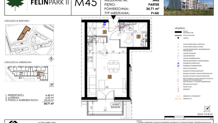 Rzut - Mieszkanie na sprzedaż 1 pokój o powierzchni 34,71 m² - numer M45 w Felin Park II etap 2