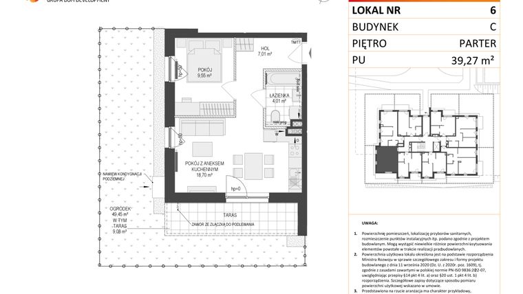 Rzut - Mieszkanie na sprzedaż 2 pokoje o powierzchni 39,27 m² - numer C.6 w Osiedle Warszawska etap II