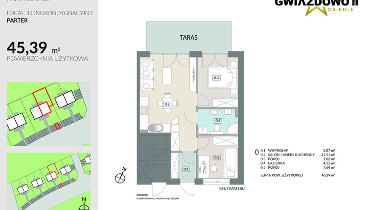 Rzut - Mieszkanie na sprzedaż 3 pokoje o powierzchni 45,39 m² - numer D6.1 w Gwiazdowo II