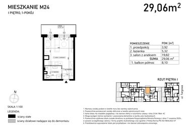 Rzut - Mieszkanie na sprzedaż 1 pokój o powierzchni 29,06 m² - numer M24 w Finezja