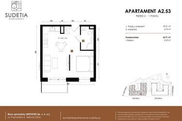 Rzut - Mieszkanie na sprzedaż 1 pokój o powierzchni 32,91 m² - numer A 2.53 w Apartamenty Sudetia