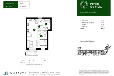Rzut - Mieszkanie na sprzedaż 2 pokoje o powierzchni 42,12 m² - numer 1.A.0.05 w Murapol GreenCity bud. 1
