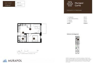 Rzut - Mieszkanie na sprzedaż 2 pokoje o powierzchni 37,24 m² - numer 2.A.6.04 w Murapol Corfa