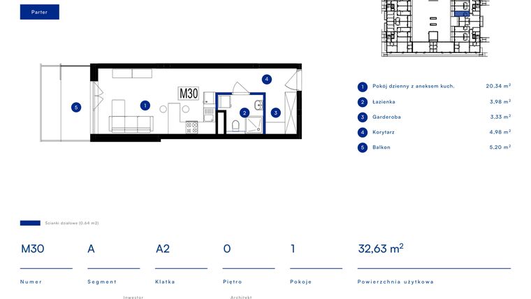 Rzut - Mieszkanie na sprzedaż 1 pokój o powierzchni 32,63 m² - numer 30A w Przy Bursztynowej