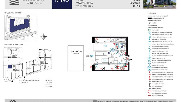 Rzut - Mieszkanie na sprzedaż 1 pokój o powierzchni 30,62 m² - numer M145 w Chodźki Residence 2