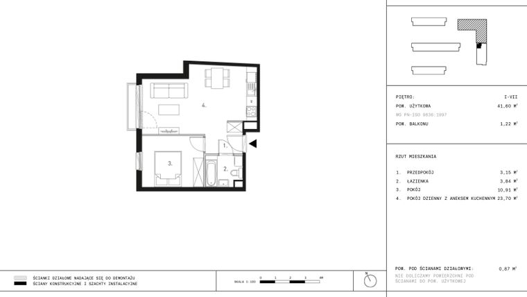 Rzut - Mieszkanie na sprzedaż 2 pokoje o powierzchni 41,74 m² - numer D1.4 w Wynalazek 3A