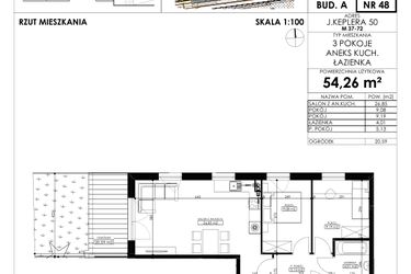 Rzut - Mieszkanie na sprzedaż 3 pokoje o powierzchni 54,26 m² - numer JAR-A-LM-M48 w Osiedle JAR Heweliusza