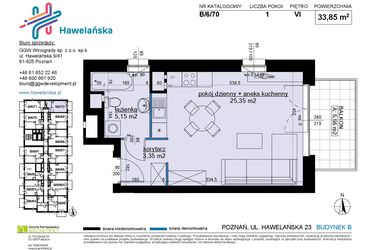 Rzut - Mieszkanie na sprzedaż 1 pokój o powierzchni 33,85 m² - numer B/6/70 w Osiedle Hawelańska etap III - bud. B