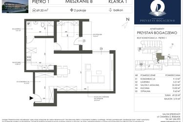 Rzut - Mieszkanie na sprzedaż 2 pokoje o powierzchni 69,5 m² - numer 8 w Przystań Bogaczewo